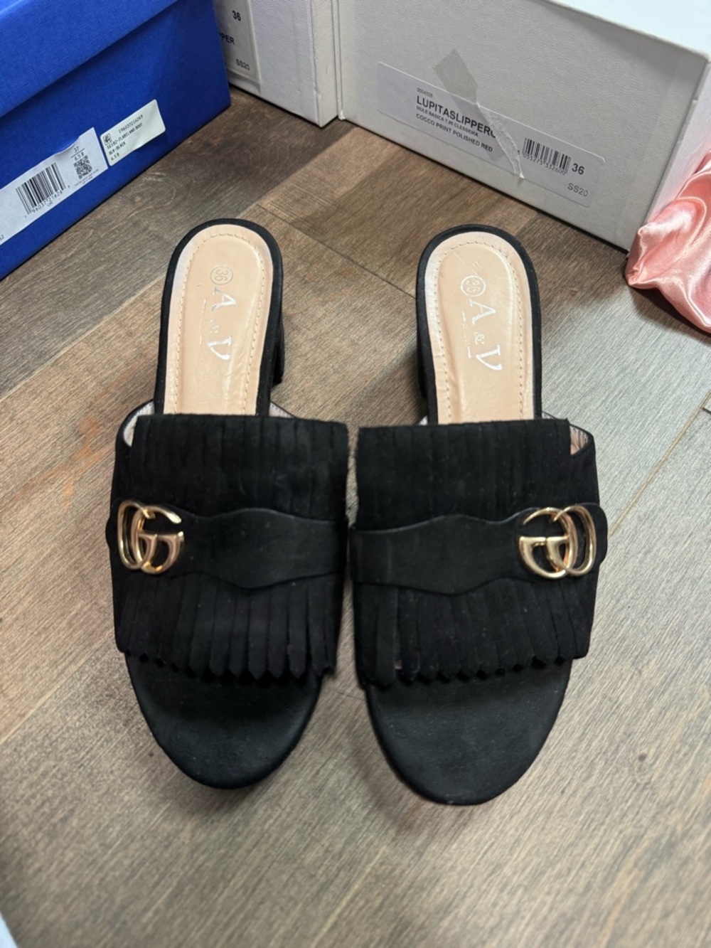 Black Fringe Slide Mules with Gold Accent